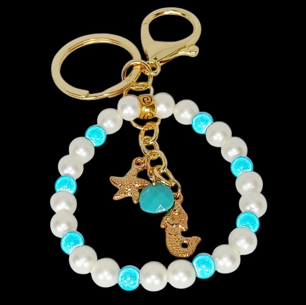 Beaded Bag Charm Key Charm Gold Mermaid Starfish Charms Pearls Beach Coastal Y2k